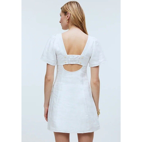 MADEWELL Square Neck Mini Dress Back Cutout White 100% Linen Women Size 14 NEW - Picture 5 of 9
